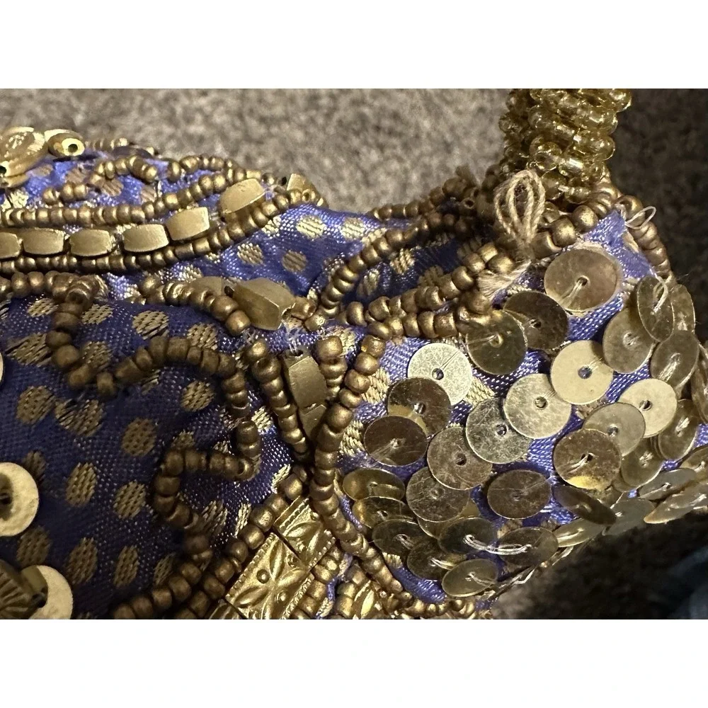 Fortune Cookie Bag Purse Wristlet Blue/Purple w/ Gold color Beads w/ Embroidery